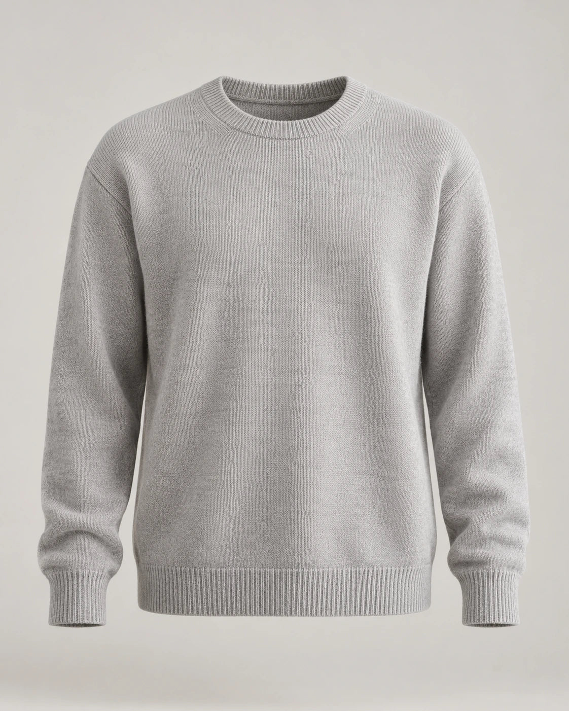 Light grey crew-neck knit jumper with ribbed cuffs and hem, shown in full on a pale studio background.