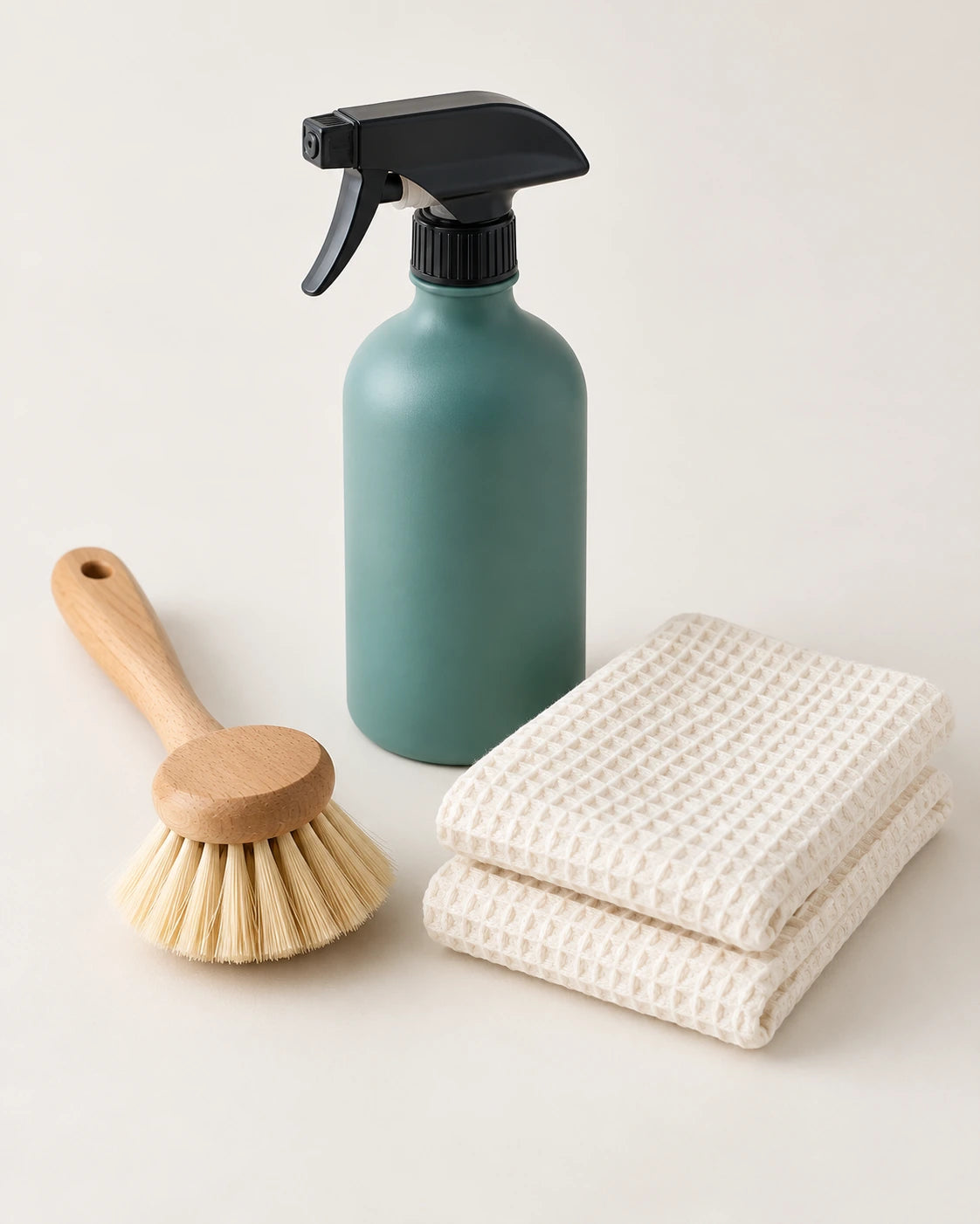 Teal refillable spray bottle, wooden dish brush and two folded cloths neatly arranged on a pale surface.