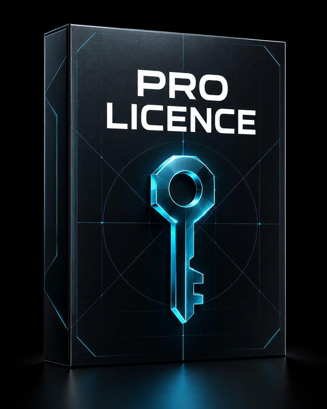 Dark Pro Licence digital cover with a cyan key-like geometric symbol and precise white lettering.
