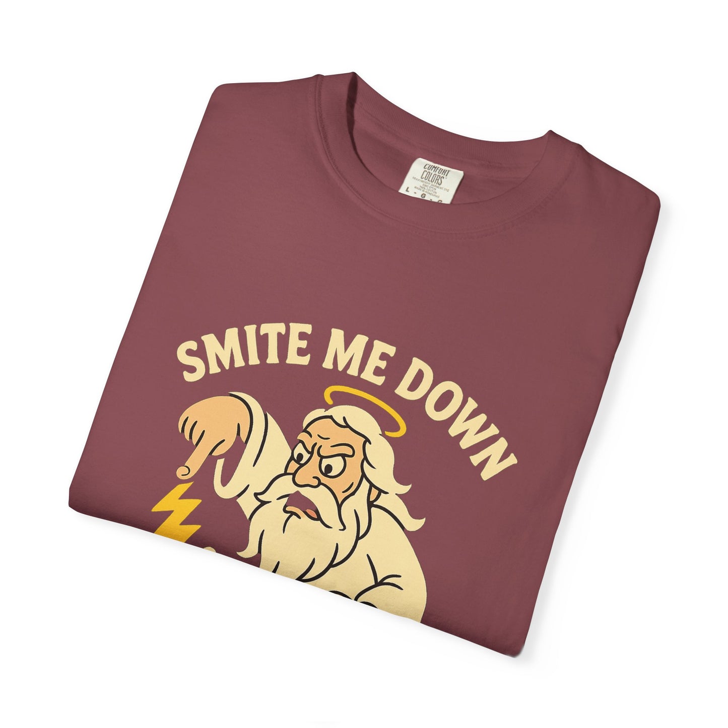 Almighty Smitey T-Shirt — Funny Zeus Cartoon ‘Smite Me Down’ Graphic Tee