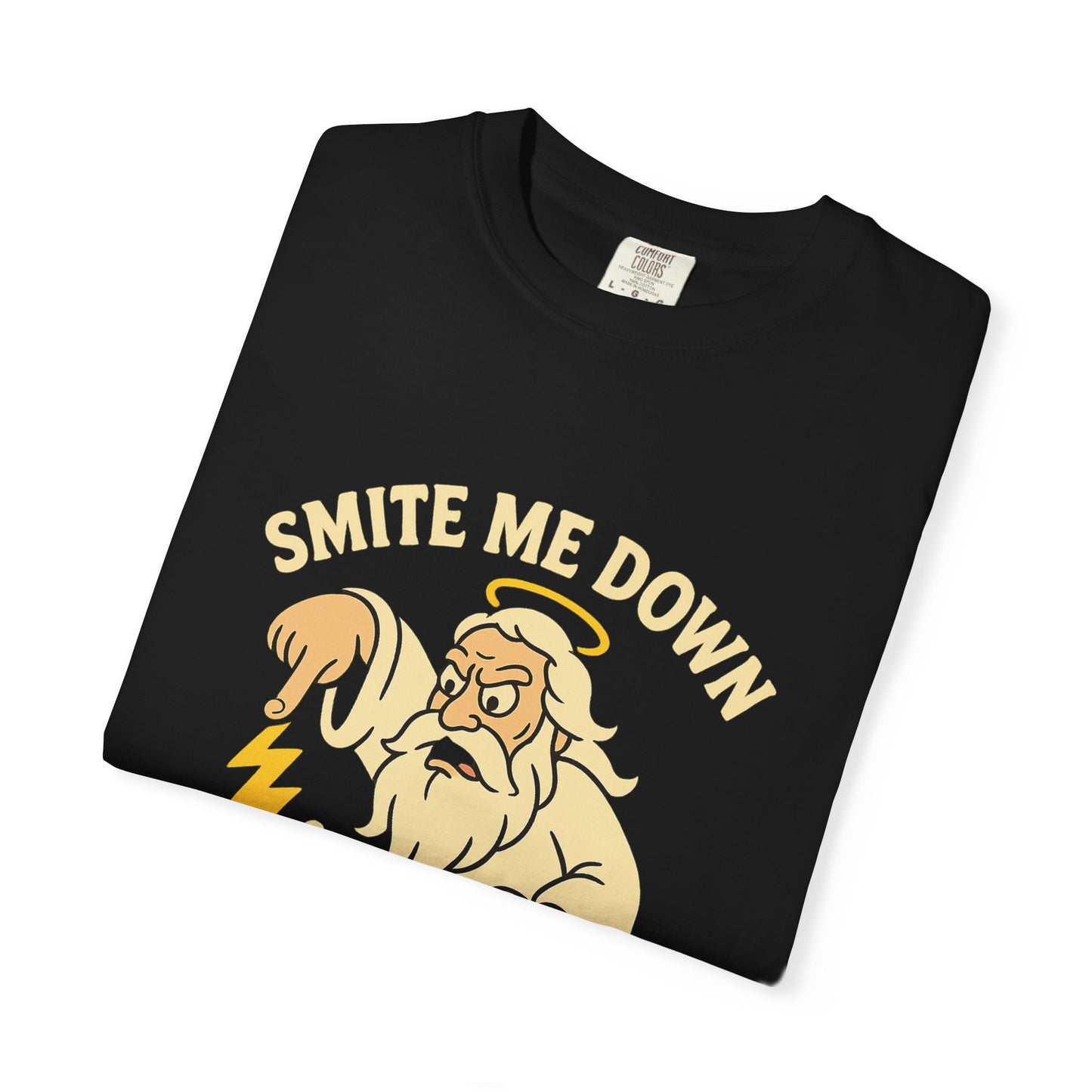 Almighty Smitey T-Shirt — Funny Zeus Cartoon ‘Smite Me Down’ Graphic Tee