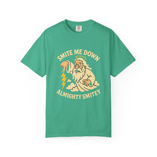 Almighty Smitey T-Shirt — Funny Zeus Cartoon ‘Smite Me Down’ Graphic Tee