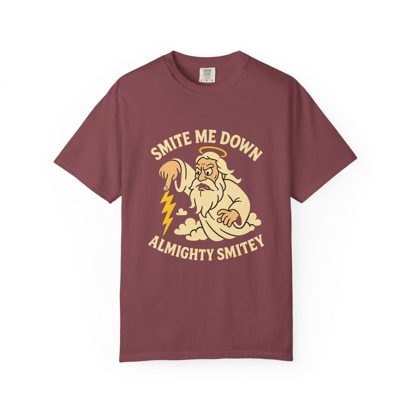 Almighty Smitey T-Shirt — Funny Zeus Cartoon ‘Smite Me Down’ Graphic Tee