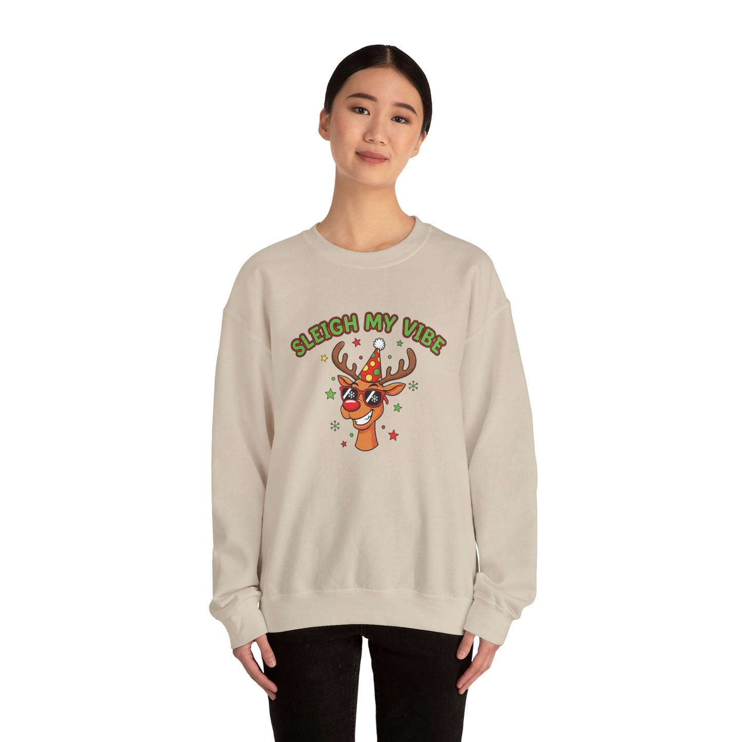Sleigh My Vibe Reindeer Sweatshirt | ugly Christmas sweater, novelty holiday sweatshirt