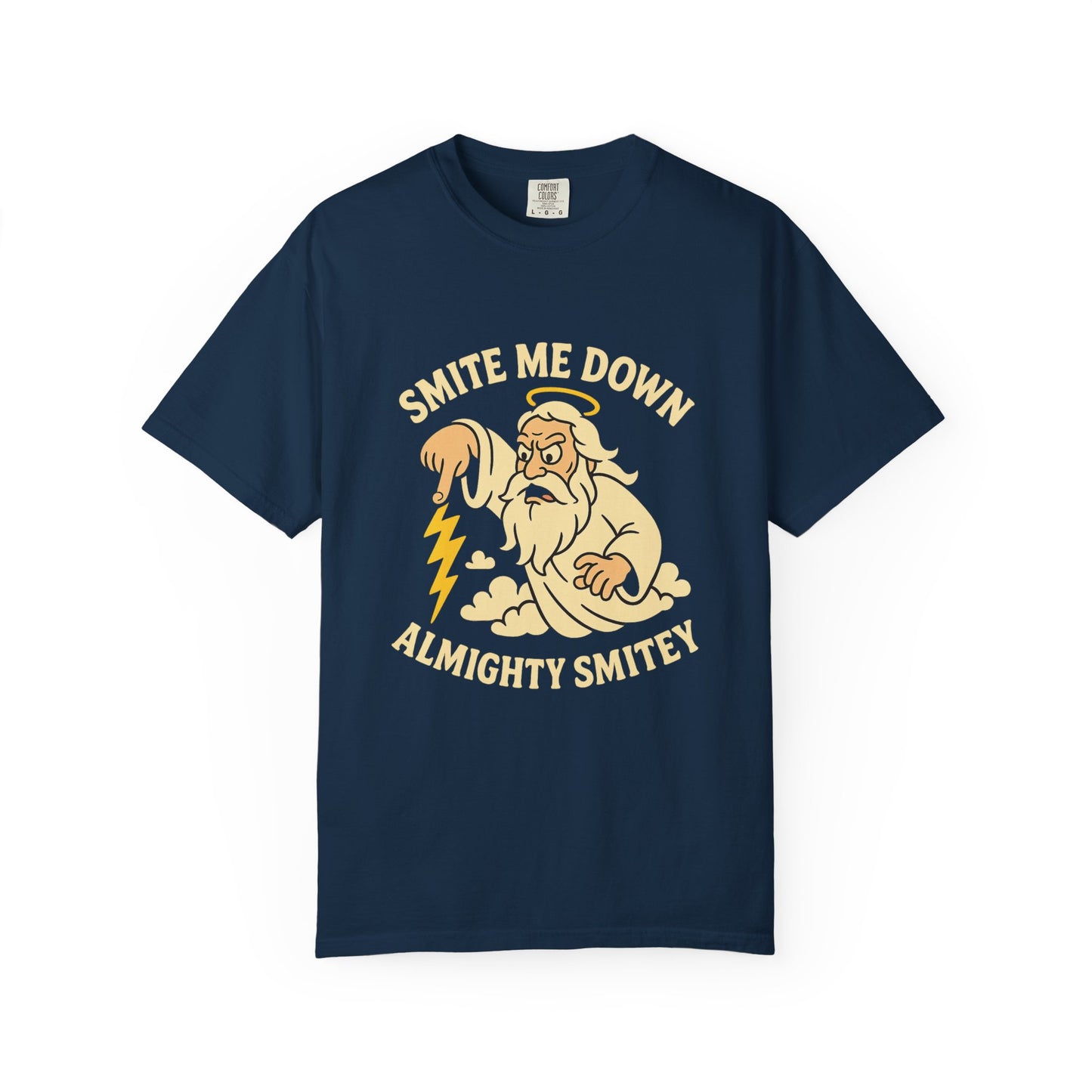 Almighty Smitey T-Shirt — Funny Zeus Cartoon ‘Smite Me Down’ Graphic Tee