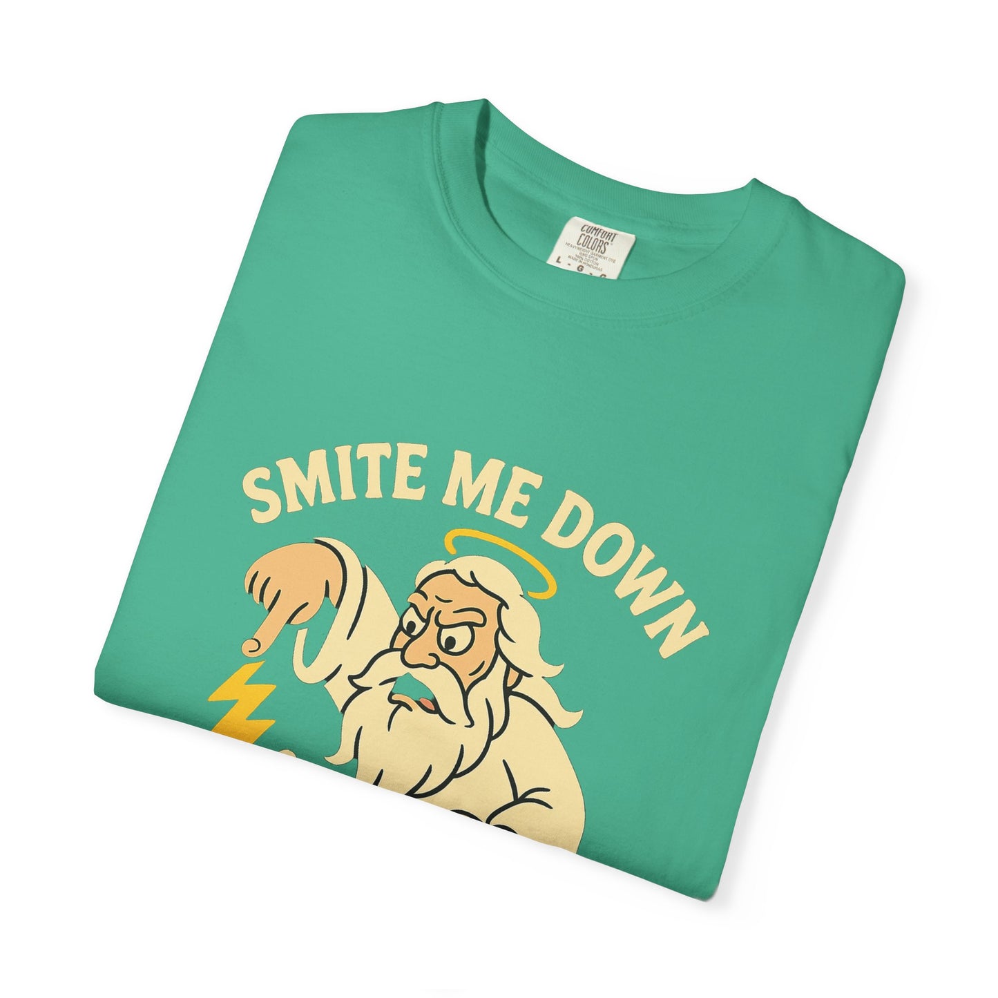 Almighty Smitey T-Shirt — Funny Zeus Cartoon ‘Smite Me Down’ Graphic Tee