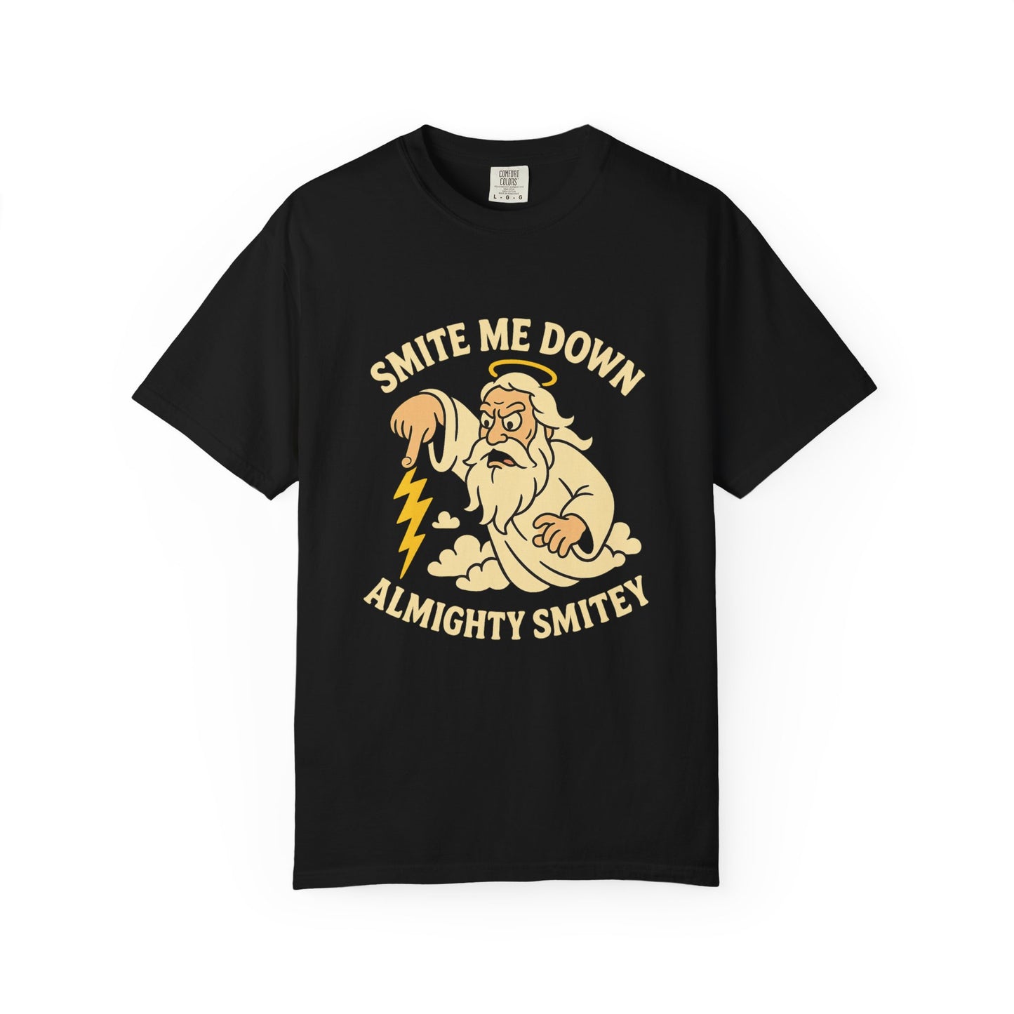 Almighty Smitey T-Shirt — Funny Zeus Cartoon ‘Smite Me Down’ Graphic Tee