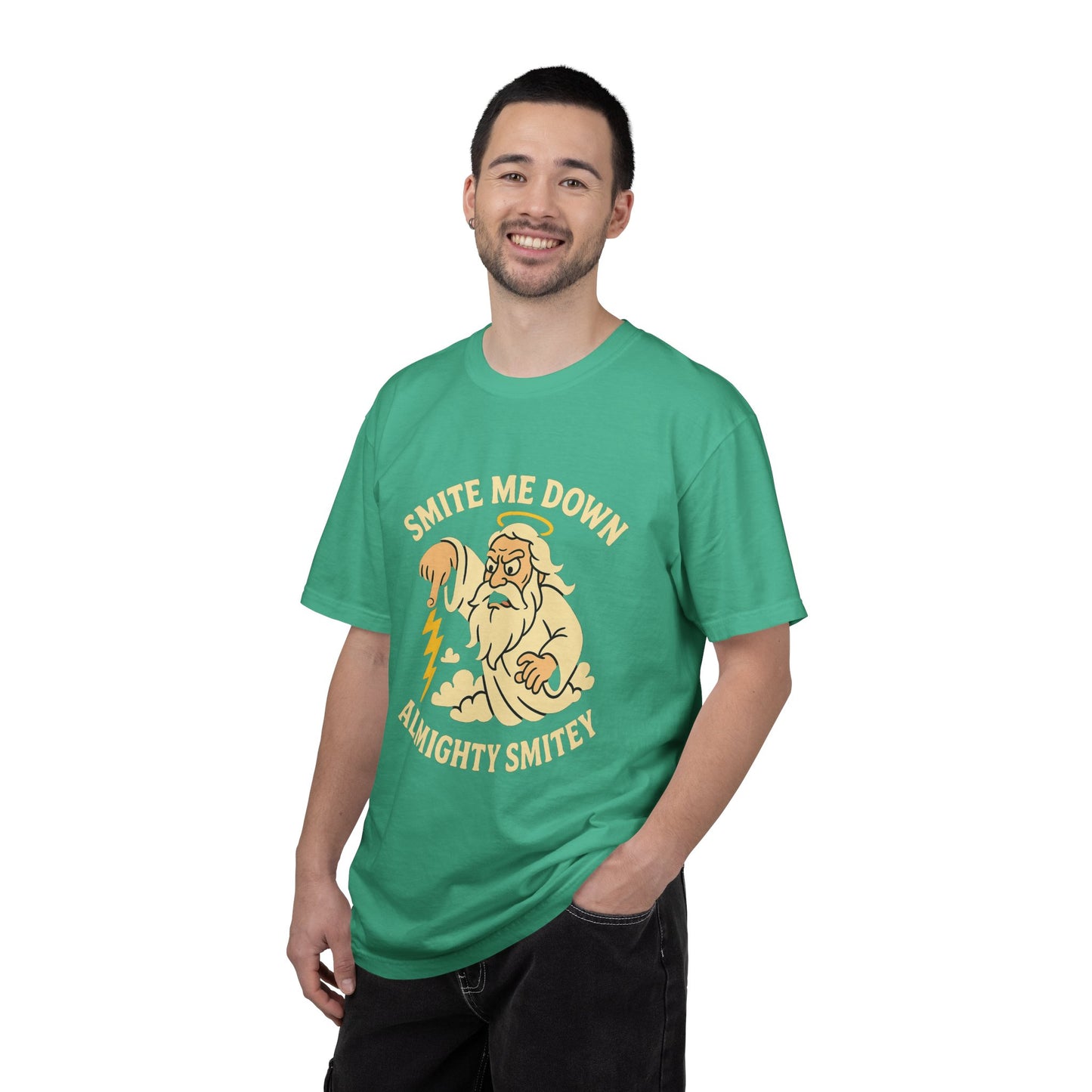 Almighty Smitey T-Shirt — Funny Zeus Cartoon ‘Smite Me Down’ Graphic Tee