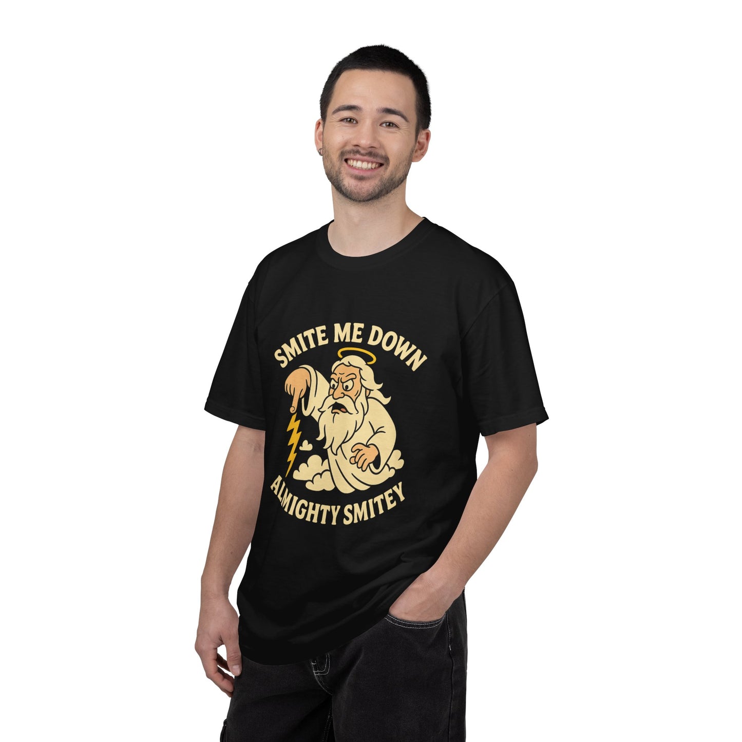 Almighty Smitey T-Shirt — Funny Zeus Cartoon ‘Smite Me Down’ Graphic Tee