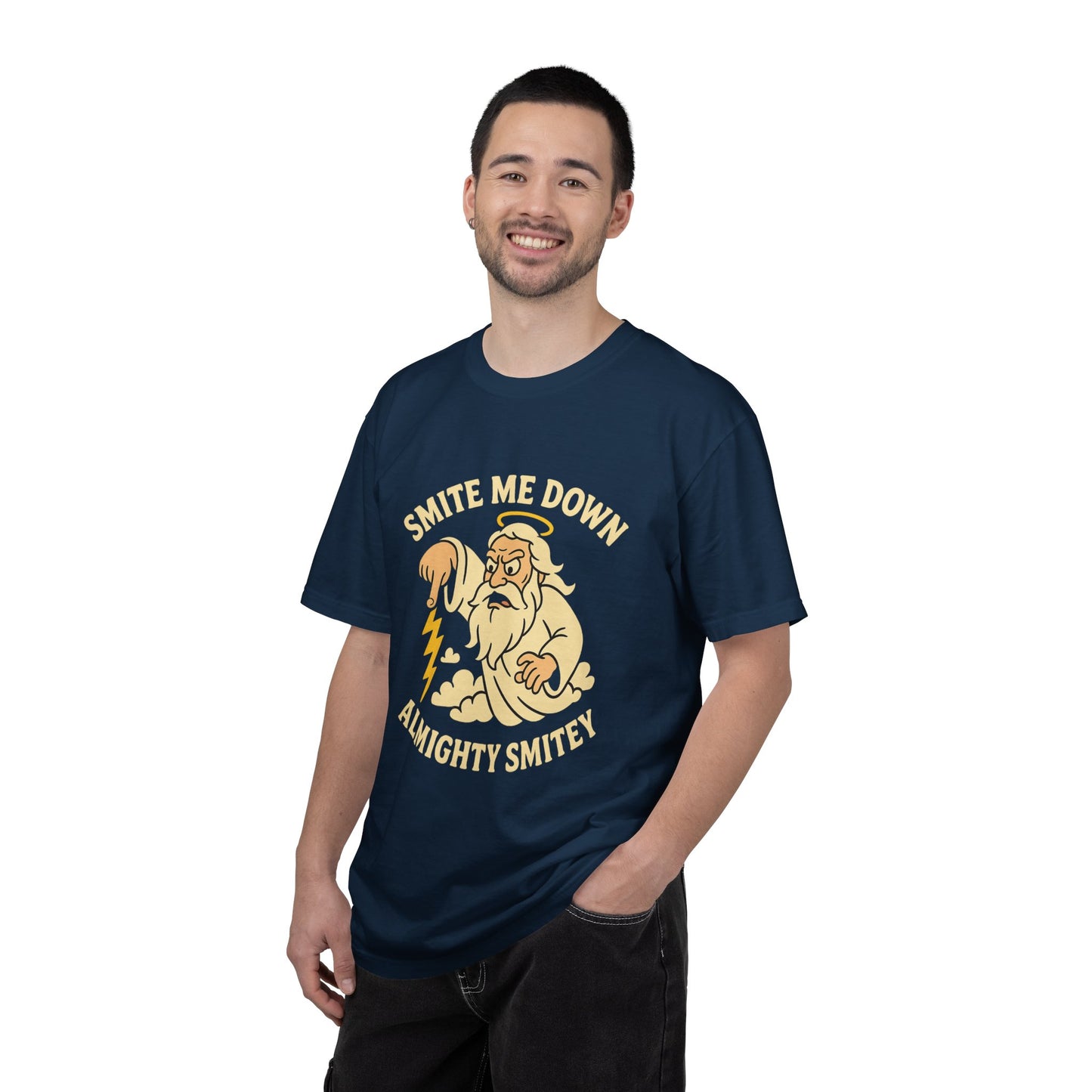 Almighty Smitey T-Shirt — Funny Zeus Cartoon ‘Smite Me Down’ Graphic Tee