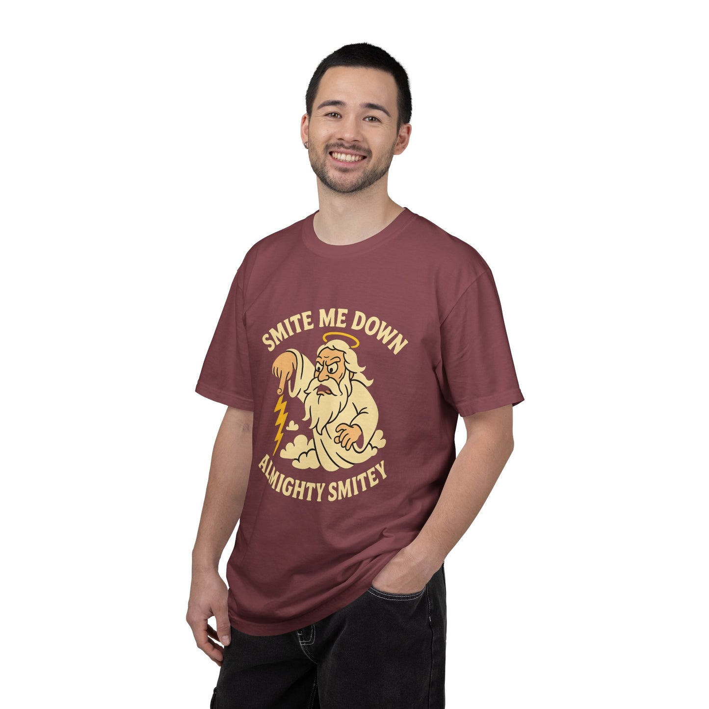 Almighty Smitey T-Shirt — Funny Zeus Cartoon ‘Smite Me Down’ Graphic Tee