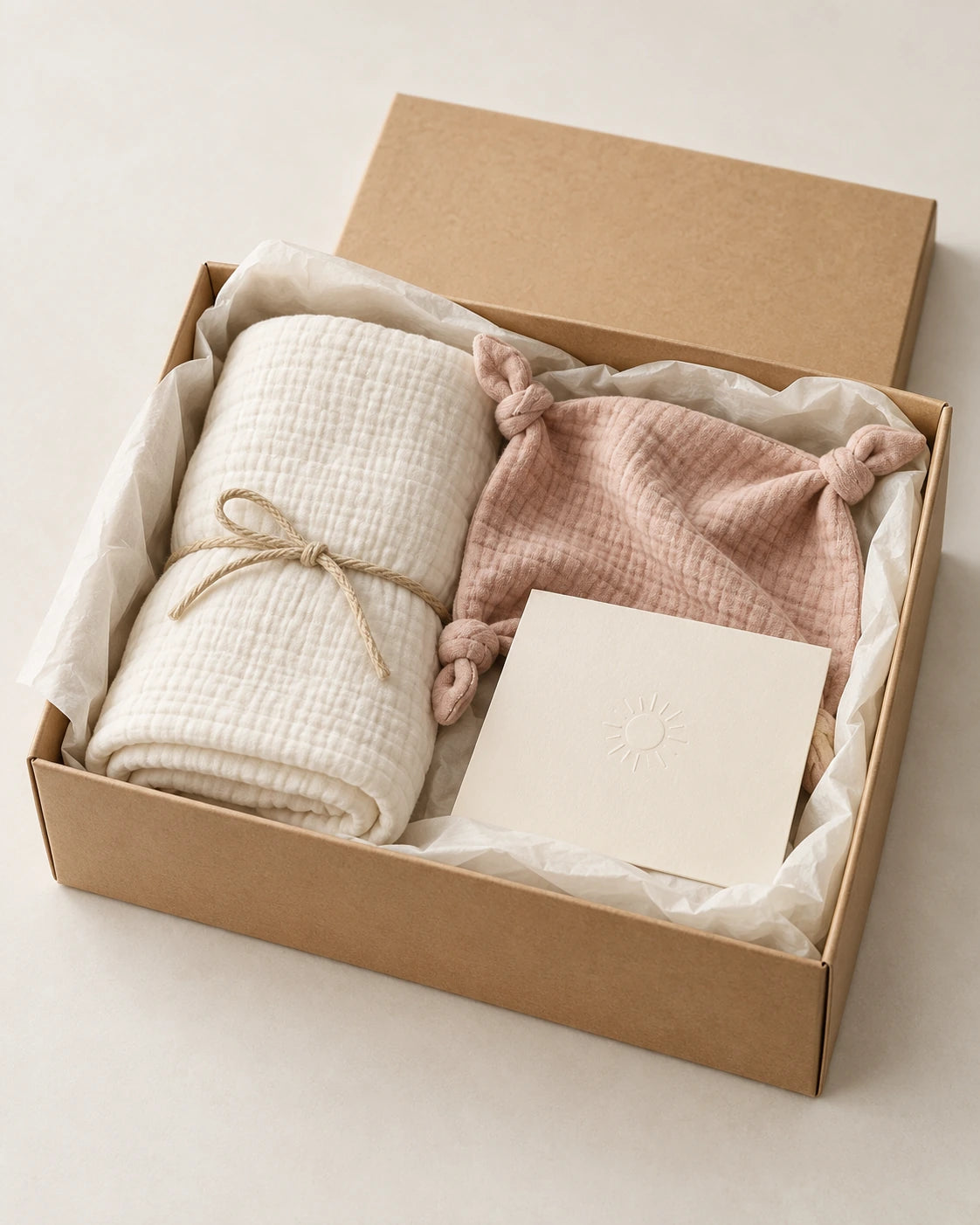 Open natural gift box holding a folded cotton wrap, small cloth comforter and blank keepsake card.