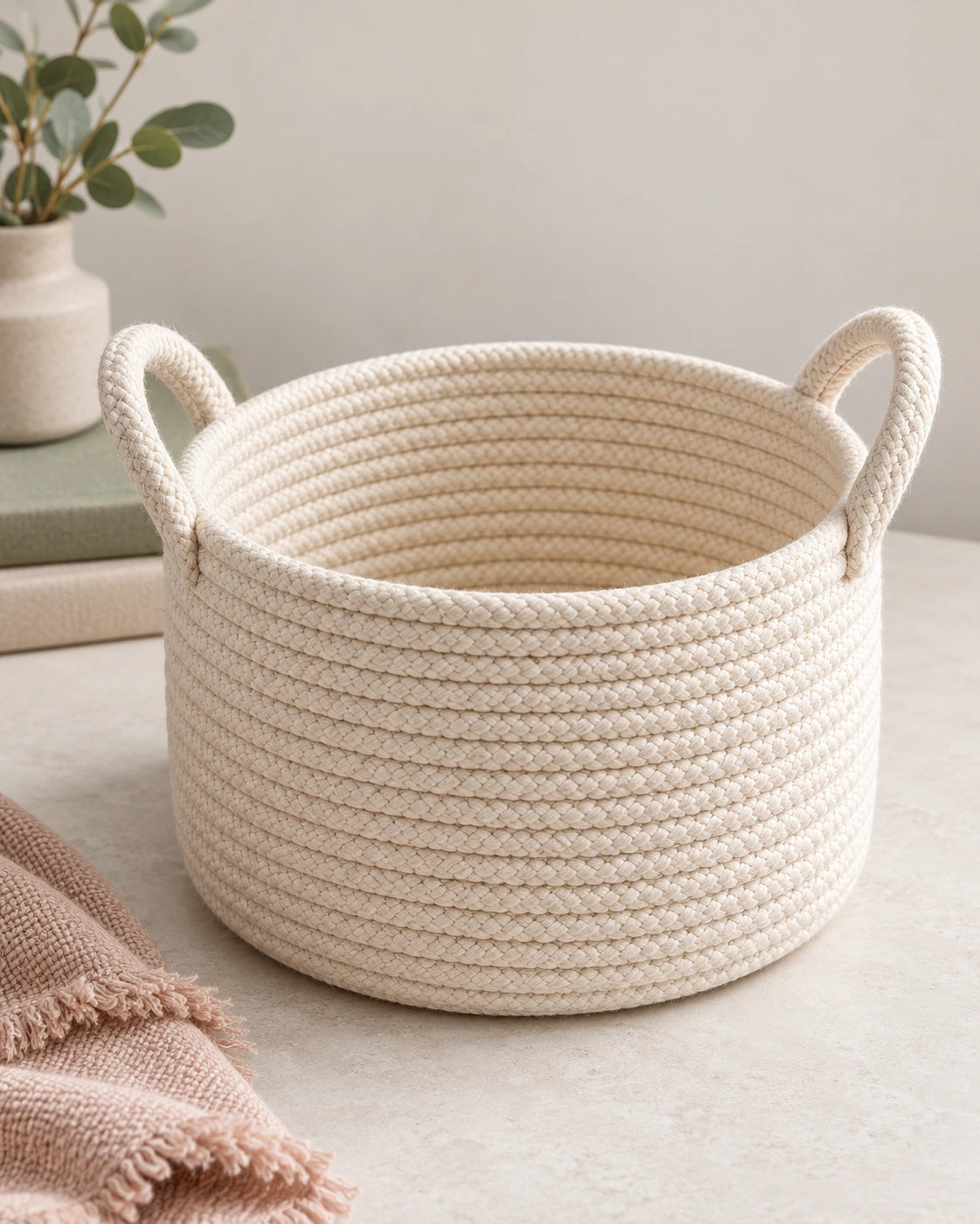 Small ivory cotton-rope storage basket with two handles on a pale studio background.