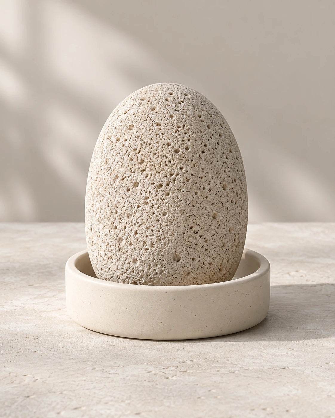 Pale porous stone diffuser resting in a shallow round dish on a softly lit neutral surface.