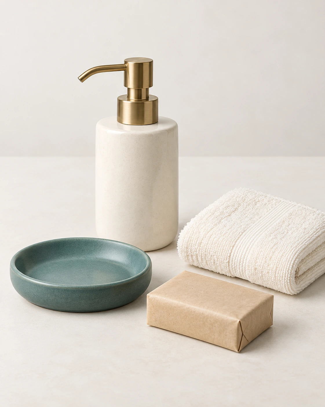 Ivory soap dispenser, teal soap dish, wrapped soap bar and hand towel on a light tabletop.