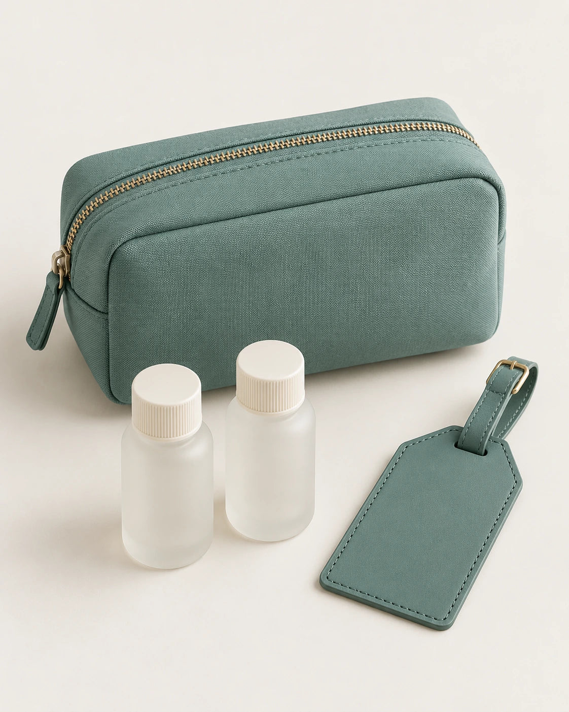 Teal travel pouch with two refillable bottles and a luggage tag arranged on a pale background.