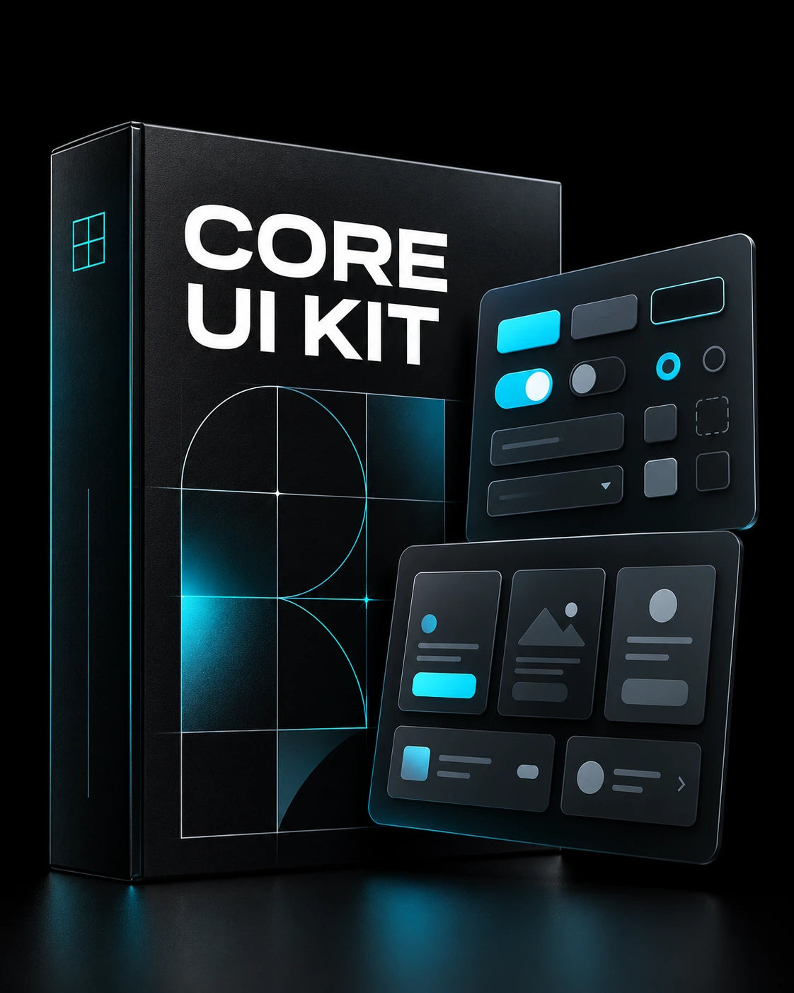 Core UI Kit cover card beside neatly arranged interface component previews on a dark cyan-accented background.
