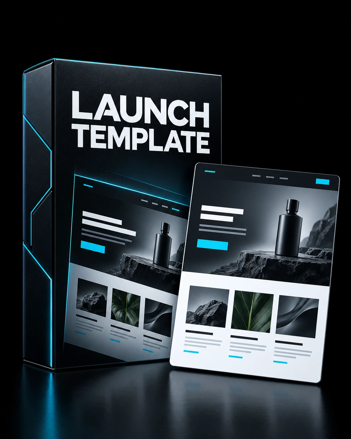 Launch Template digital cover beside a clean generic website layout preview with cyan accents on a dark background.